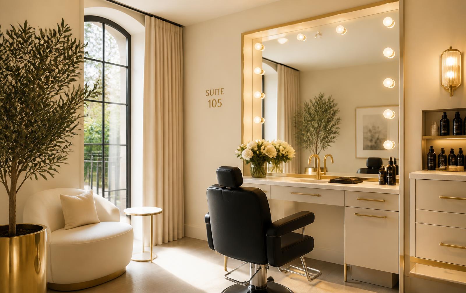 Bright salon suite with mirrors and plants at Shannon Suites