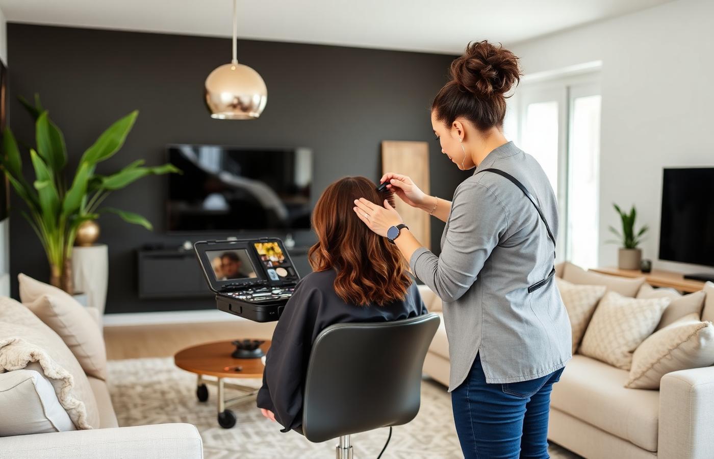 Mobile beauty professional styling a client's hair at their home