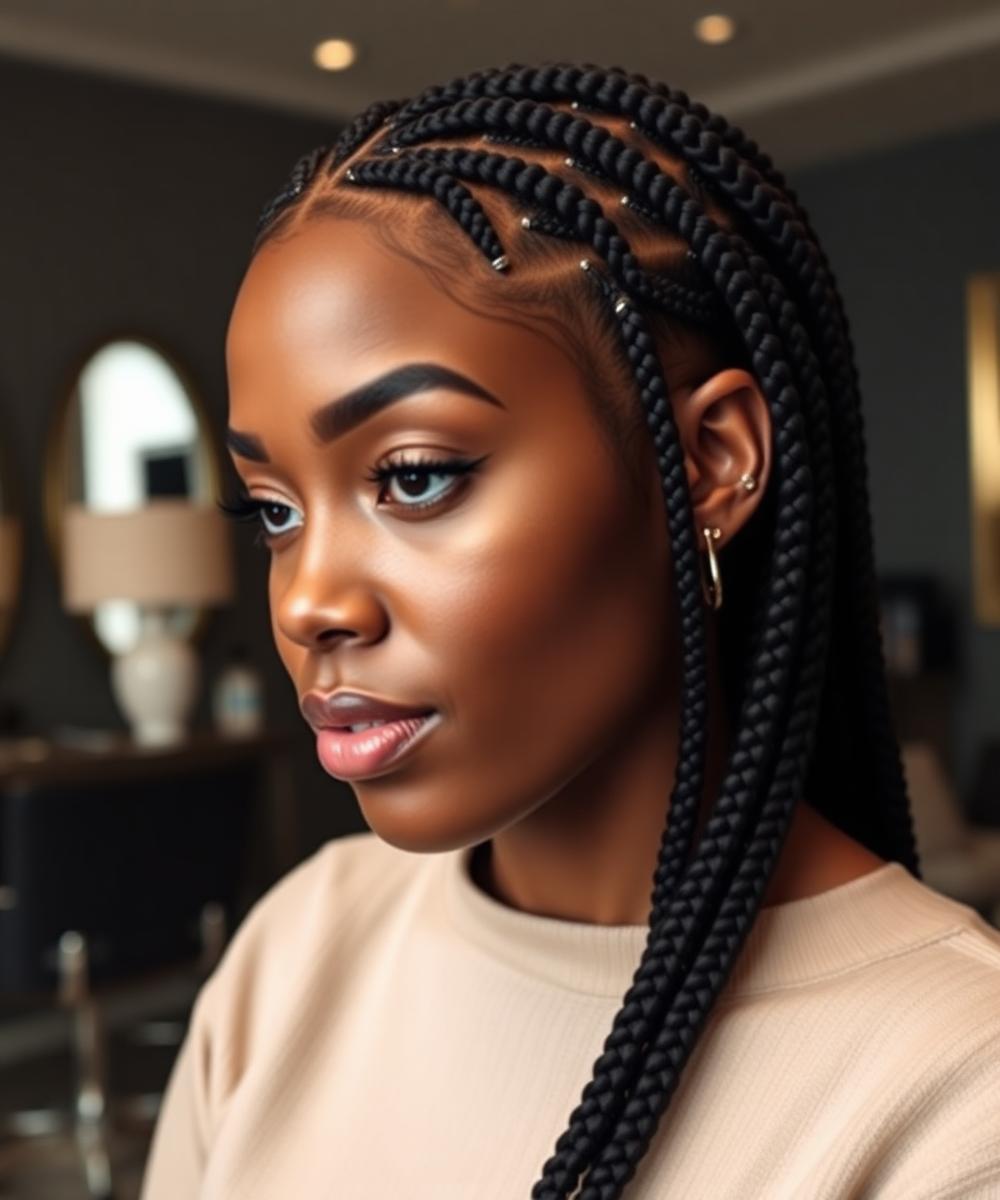 Client wearing freshly installed knotless braids